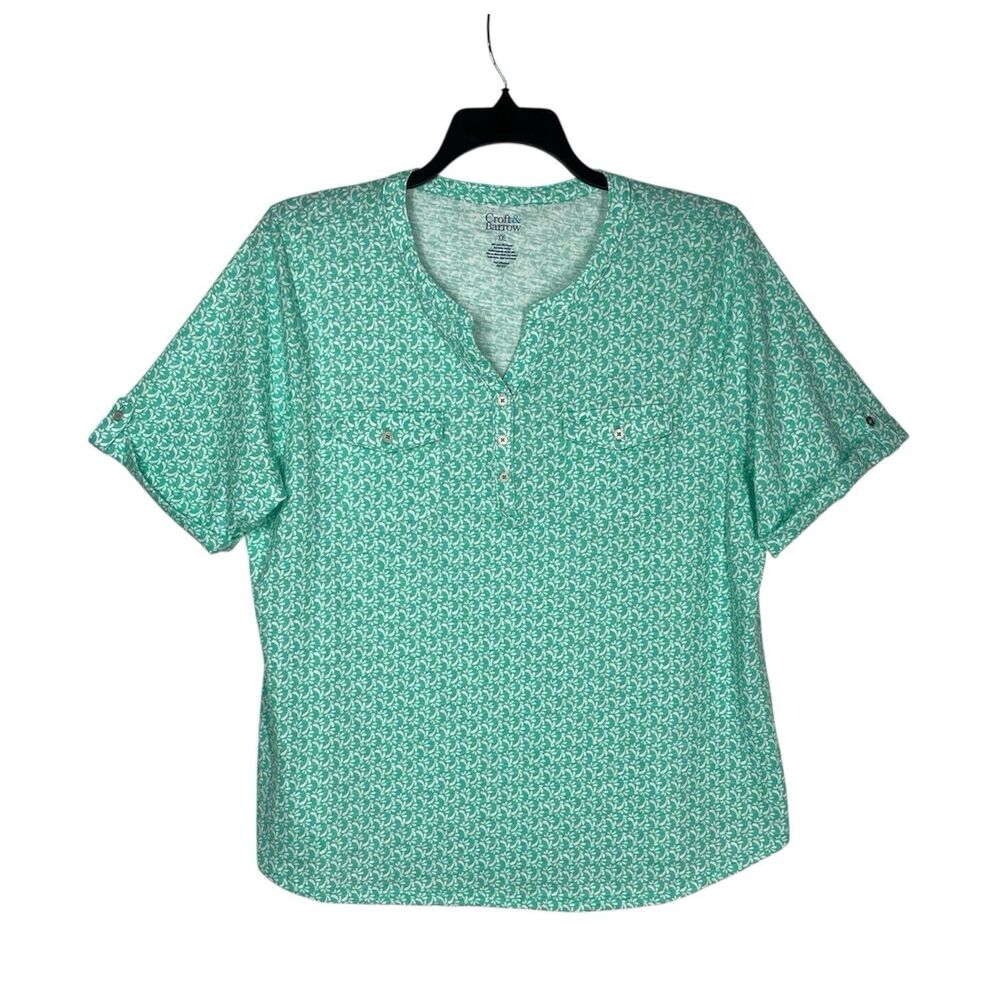 Croft & Barrow XXL Top Green White Floral Henley Roll Tab Sleeve Pocket Tee Plus